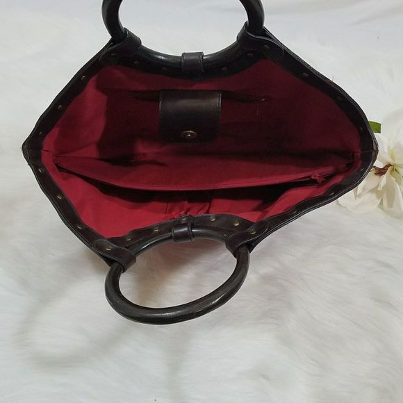 Red Straw Purse Round Wooden Handles 3 Pockets - Picture 7 of 8